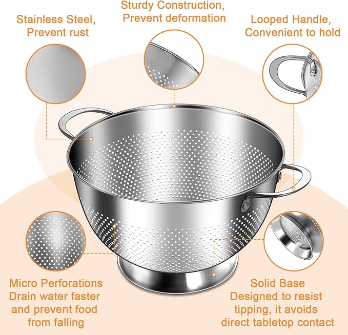 Stainless Steel Colander Set of 3 (1.5-3-5Quart) | Durable Rice and Pasta Strainer with Handle | Oversized Handles | Nesting Design | Rust-Resistant & Dishwasher Safe