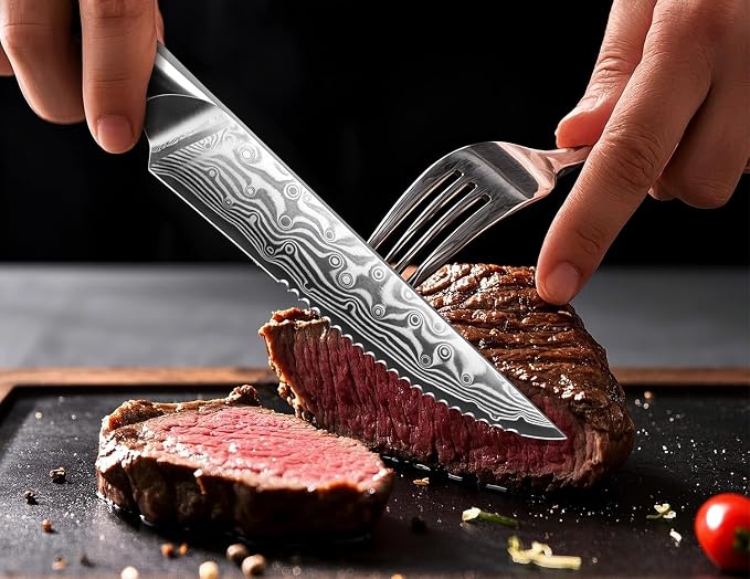 SHAN ZU Steak Knife of 7, 4.5 Inch Damascus Steak Knife Set with Block | Japanese High Carbon Steel Kitchen Serrated Knives Set with Ergonomic G10 Handle and Gift Box
