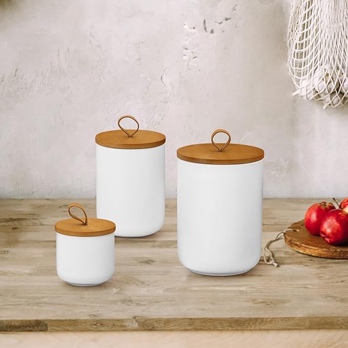 Ceramic Storage Jars, Modern Airtight Canisters with Wooden Lid (White medium) | Elegant Small Food Storage Jar, Suitable For Kitchen, Spice, Tea, Vanilla, Sugar, Coffee Beans, White 800ML