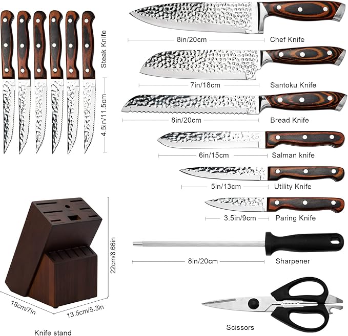 Kitchen Knife Sets with Block, 15-Piece High Carbon Stainless Steel Knife Block Set with Sharpener, Ultra-Sharp kitchen knives with Triple Rivet Wood Handle Perfect for Cooking Cut