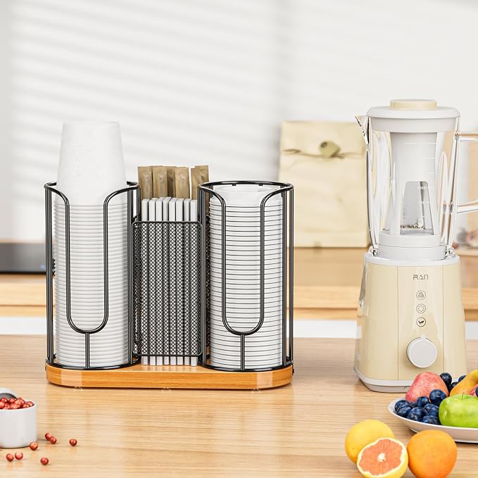 Coffee Cup and Lids Holder - 8oz-24oz Disposable Cups Organizer Wooden Base | Plastic Paper Cup Dispenser Straw Storage for Countertop Coffee Station Bar Restaurant Office Breakroom Shop Kitchen
