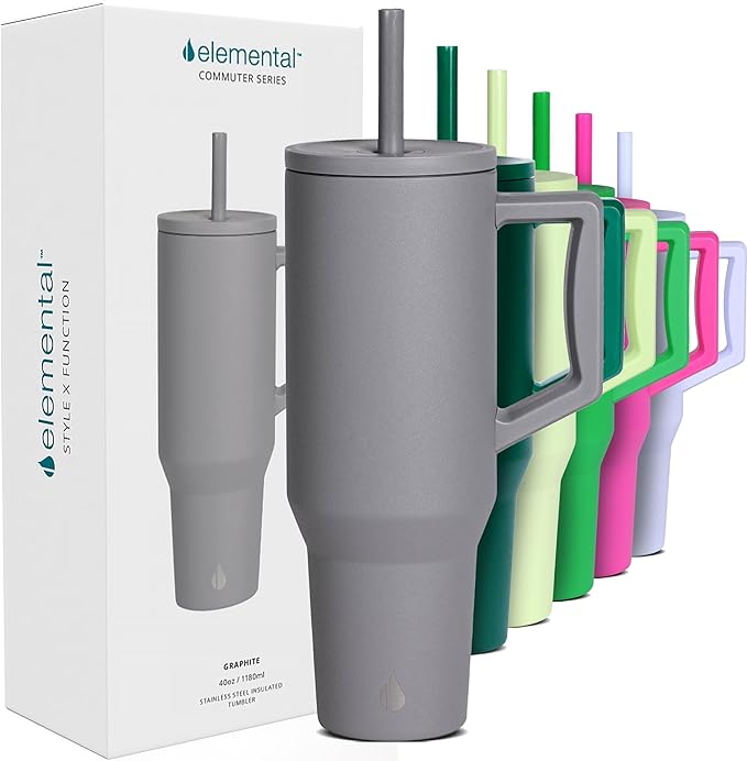 Elemental Spill Proof 40oz Insulated Tumbler with Handle & Straw Travel Mug | Stainless Steel Commuter Travel Coffee Mug for Cold Beverages, Includes 2 Straws & a Spill Proof Lid for Everyday Use