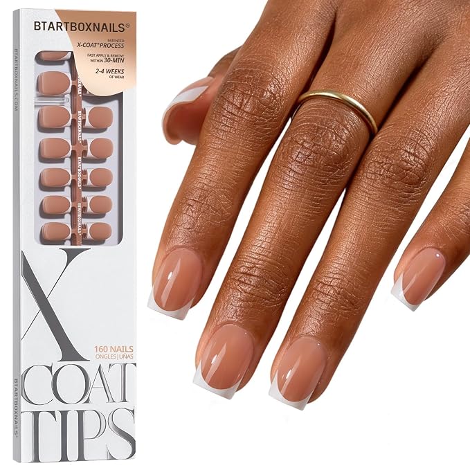 BTArtboxnails XCOATTIPS White French Tip Press On Nails, XS Square, Brown | Lamp-Curable, 4-Week Wear, Natural Nail Look, Salon Quality Value at Home, Easy-to-Apply for Beginners, 160ct Nail Tips Only