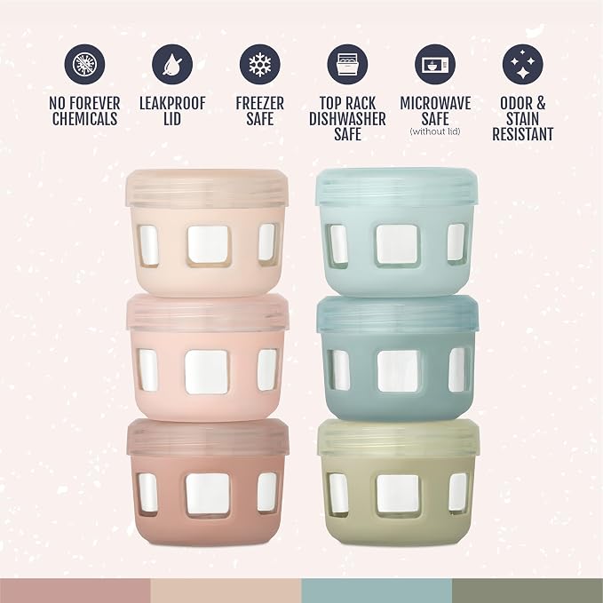 Ello Clean Start 4oz Glass Baby Food Storage Container, 6 Pack, Sunny Shore | Leakproof glass baby food jars, 6 pack. BPA-free, freezer and dishwasher safe, great for purees and snacks.