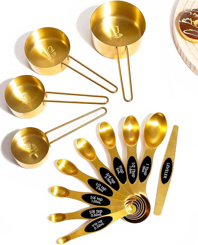 13pcs Gold Stainless Steel Measuring Cups and Spoons Set, Including 8 Double-Sided Magnetic Measuring Spoons Set & 1 Leveler, 4 Metal Measuring Cups, Kitchen Accessroies for Cooking & Baking