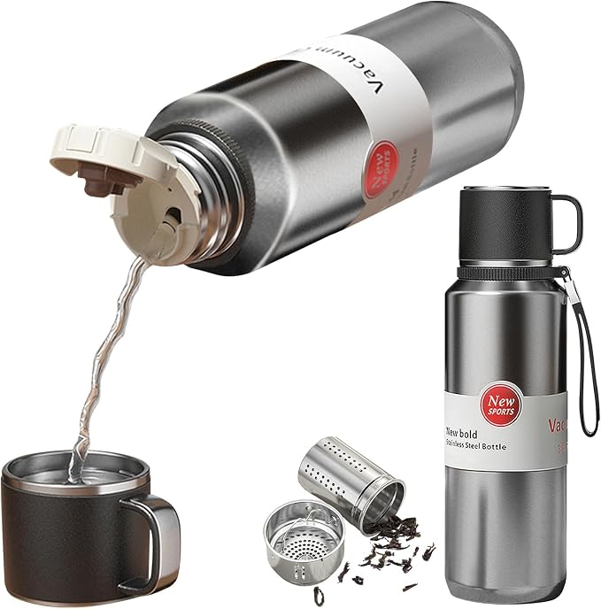 Stainless Steel Insulated Tea Infuser Bottle, Vacuum Insulated Water Bottle, Tea Tumbler with Separate Tea Compartment, 24-Hrs Insulation Commute Travel (Silver,32oz/1000ml)