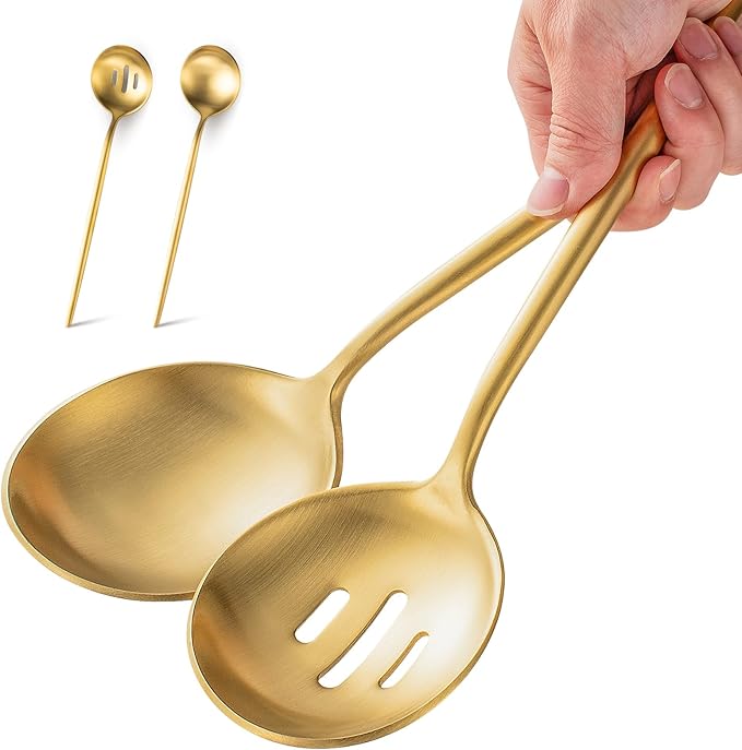 O.C.E. 4 Pcs Serving Spoons Set,Includes 2 Serving Spoons and 2 Slotted Spoon,Large Spoon for Catering Buffet,Matte Gold Utensils,Dishwasher Safe,10.3 Inches