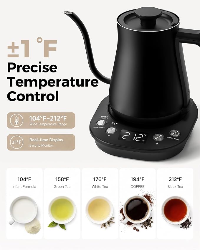 Gooseneck Electric Kettle with ±1℉ Temperature Control, 304 Stainless Steel Interior, BPA Free, 1200 Watt Rapid, Brew Timer, Automatic Shut Off for Pour Over Coffee, Brew Tea（Matte Black）