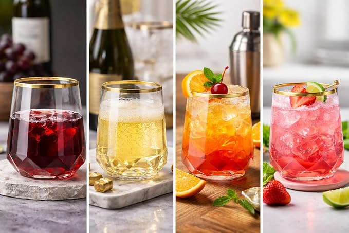 Oojami 40 Pack Disposable Plastic Wine Glasses 12oz Gold Rim - Diamond | Stemless Cocktail Glasses, Champagne Whiskey Wine Cups, BPA-Free Shatterproof Unbreakable Reusable Recyclable, Wedding Party