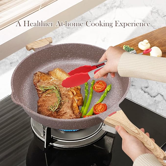 AIKENBBKK Ceramic Frying Pan with Lid, 14 Inch Saute Pan, Non Stick Frying Pans, 2-In-1 Large Cooking Pan, Nonstick Skillet, Compatible with All Stoves, PTFE & PFOA Free, Brown
