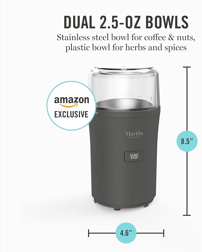Martha Stewart Electric Coffee & Spice Grinder with Dual Bowls, Caviar Gray | Dual 2.5oz Removable Bowls for Coffee Beans, Nuts, Herbs & Spices, Stainless Steel Blade, One-Touch Pulse Control, Easy Clean