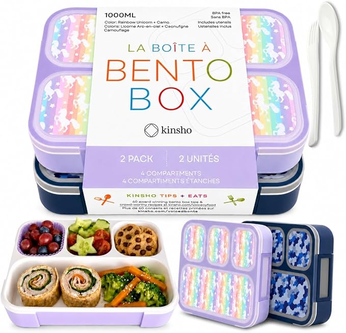 kinsho Bento Lunch Boxes for Kids, Meal and Snack Containers for Boys Girls for School, 4 Compartments, Utensils, BPA Free (Purple Rainbow Unicorn + Blue Camo, 2 Pack Set)