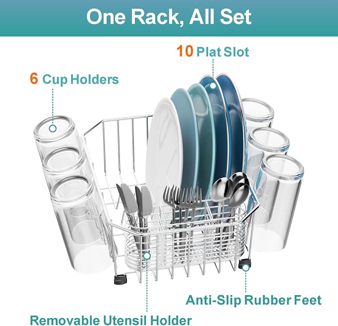 Mini in Sink Dish Drying Rack - Stainless Steel for RV Kitchen | Small Design for Apartments, Angled Corners Fit Square & Round Sinks, Utensil Holder, Cup Hooks, 9.5" W x 13.4" L