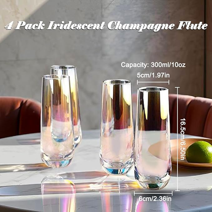 10oz Stemless Champagne Flutes, Iridescent Champagne Glasses, 4 PCS | Clear Crystal Glass Cups, Dishwasher Safe Wine Glasses Set for Champagne Cocktail Juice, Unique Gifts for Wine Enthusiasts