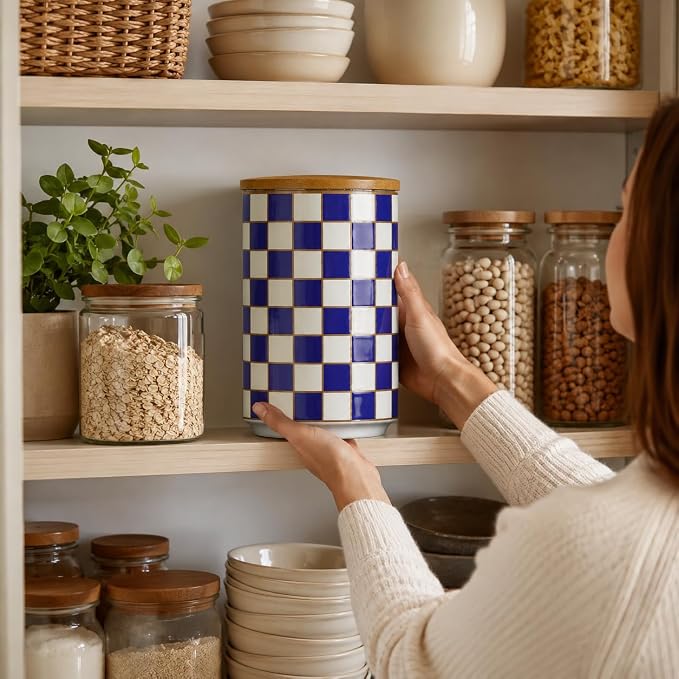 Kitchen Countertop Ceramic Checkered Canisters,Black And White Food Storage Containers With Lid,Airtight Kitchen Canisters for Flour, Sugar, Coffee, Tea, and Dry Goods (Blue, XL)