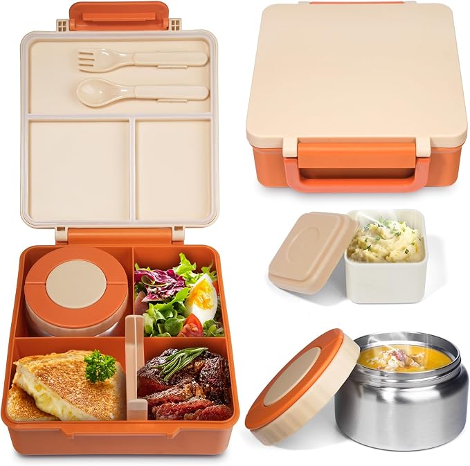 SOHIDA Bento Box with 10oz Soup Thermo: Gift for Kids, Kids Leakproof Lunch Box with 3 Compartments, School Supplies for Girl Boy Back to School,Orange