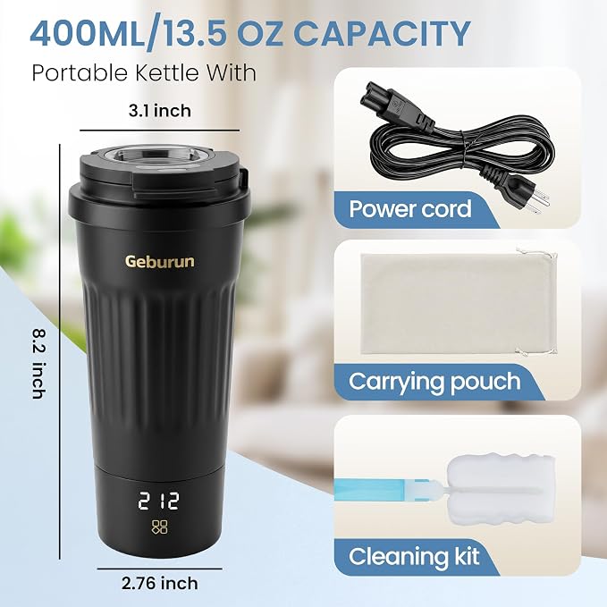 Travel Electric Kettle Portable Water Boiler, 400ml Small Tea Maker with 6 Temp Settings LCD Display, 316 Stainless Steel Vacuum Insulated Tumbler, 100V-240V, Travel Gifts for Men Women(Black)