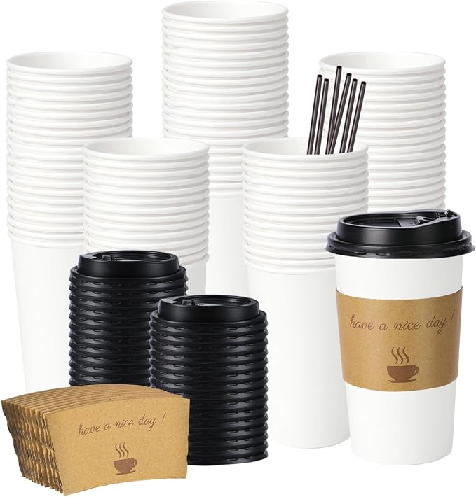 BYSNOW 16 oz 50 pack Disposable Coffee Cups with Lids, Sleeves & Stirrers | Paper Hot Coffee Cups with Lids, Sleeves and Stirring Sticks, To Go Cups for Home, Office, and Cafe (White 16oz)