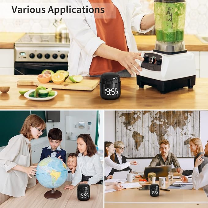 Kitchen Timer, 360 Rotate, Countup/Countdown, LED, Volume | Memory Function Back to School (Black)