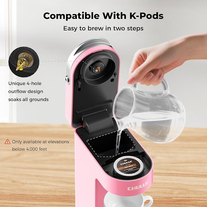 CHULUX Slim Single Serve Coffee Maker for K Cup Pod for Small Spaces, Pink | Fast-Heating Boiler System, 4-Hole Needle for Richer Flavor, Adjustable Drip Tray for 7.3" Travel Mug, Food Grade Material
