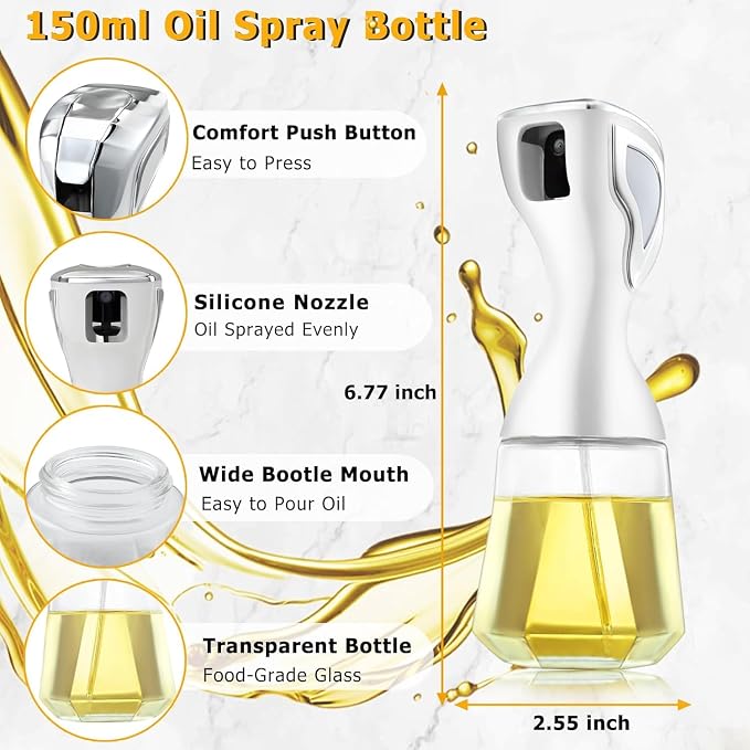 Continuous Mist Oil Sprayer 150ml with 2 Free Brushes for Cooking, Hair, Cleaning – Glass Olive Oil Dispenser, Refillable Mister for Air Fryer, Salad, BBQ (White Gold)
