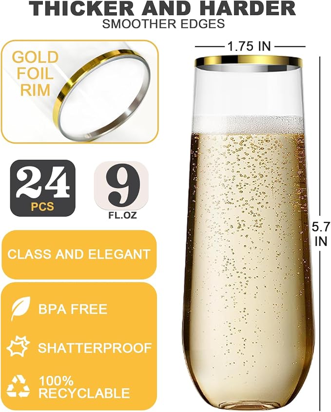 24 Pack Plastic Champagne Flutes, 9 Oz Disposable Wine Mimosa Glasses | Gold Rimmed Stemless Champagne Flutes Cocktail Glasses, Clear Plastic Cups for Bridal Shower Bachelorette Party Mimosa Bar