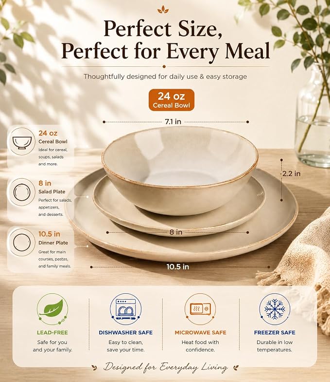 AmorArc Ceramic Dinnerware Sets for 8, 24Pcs Plates and Bowls Sets Dishes | Stoneware Handmade Reactive Glaze Dinner Set, Highly Scratch Resistant | Dishwasher & Microwave Safe Dishware