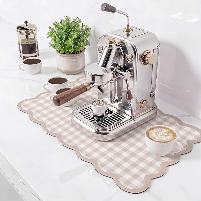 Brown Scalloped Gingham Coffee Mat 12" x 20" Absorbent Bar Mat | Gingham Espresso Matt with Non Slip Rubber Backing for Coffee Countertops