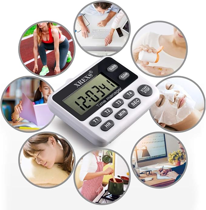 XREXS 4 Channel Digital Kitchen Timer Clock with Large LCD Display | 4 Groups Simultaneous Timing Countdown Up Pocket Timer, Magnetic Attachable (Battery Included)