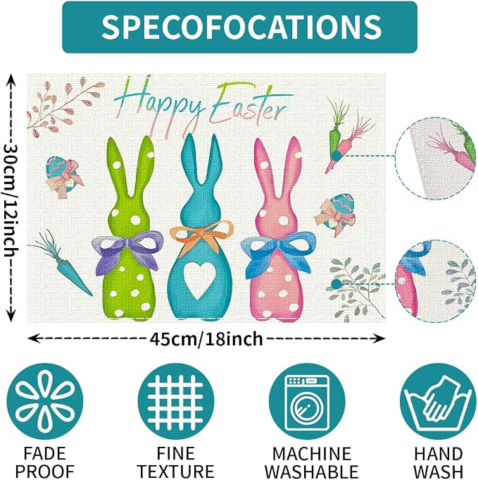 Green Blue Pink Rabbit Bunny Easter Placemats Set of 6, 12x18 Inch Spring Jesus Easter Table Mats for Holiday Party Kitchen Dining Room Decoration