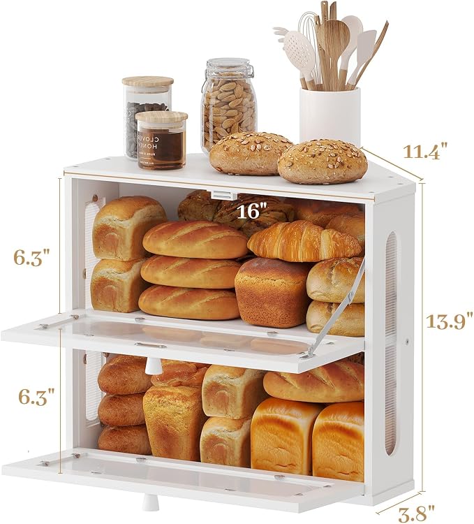 Corner Bread Box for Kitchen Countertop, 2026 New Double Layer Bamboo Bread Storage Bin, Large Bread Container for homemade bread (White)