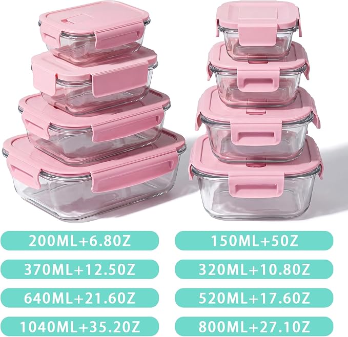 8 Pack Glass Food Storage Containers with Lids(Pink) | Meal Prep Containers with Snap Locking Lids, Airtight Lunch Containers for Microwave, Oven, Freezer and Dishwasher, BPA Free