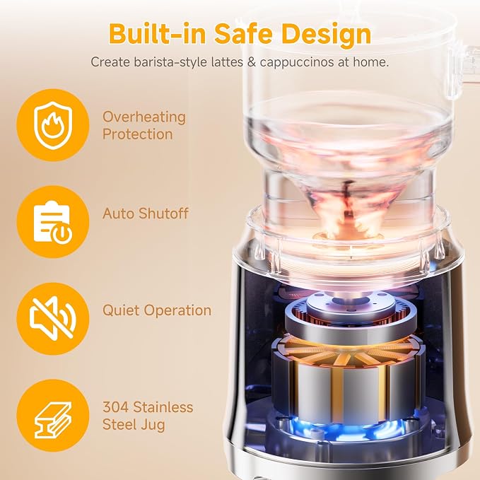6-in-1 Electric Milk Frother and Steamer, Large Capacity Foam Maker | Detachable Automatic Milk Frother for Hot & Cold Foam, Hot Chocolate Maker, BPA-Free Electric Coffee Drink Mixer