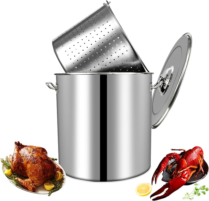 24-Quart Stainless Steel Seafood Stockpot with Basket, Crawfish, Crab, Lobster Boil StockPot, Shrimp Boil Stock Pot with Strainer, Turkey Fryer Pot,27L,7Gallon