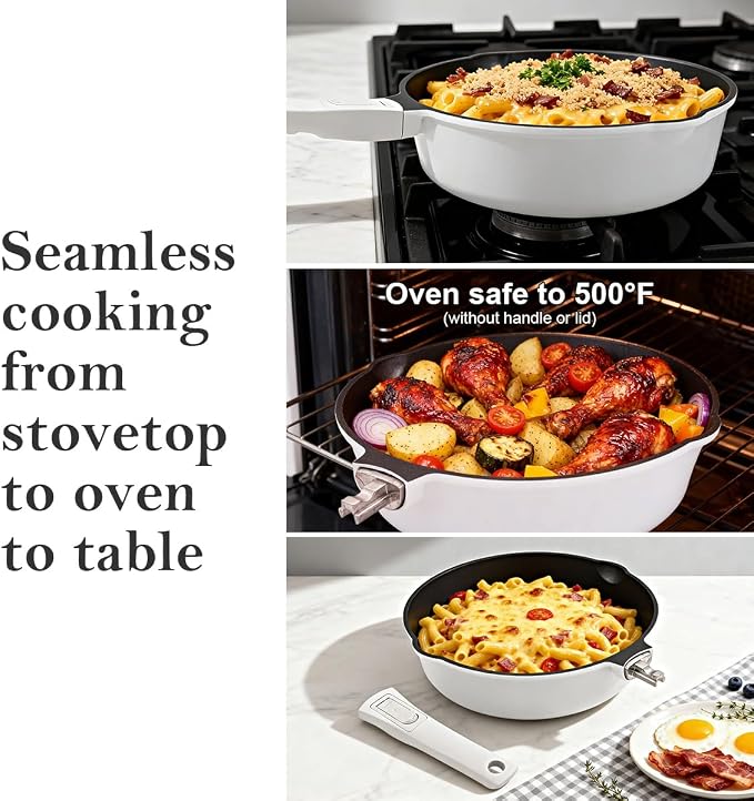 12 Inch Deep Frying Pan Skillet with Lid, Large Saute Pan Non Stick, White | 5 QT Cooking Pan with Detachable Handle, Suitable for All Stoves Including Induction, Oven Safe, PTFE & PFAS & PFOA Free