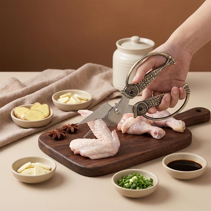XSNBRD Kitchen Scissors Heavy Duty, Golden Stainless Steel Owl Shears Large | Golden finish,3.5mm stainless steel,multi-purpose shears for meat, herbs & vegetables,ergonomic design,great Kitchen gift.