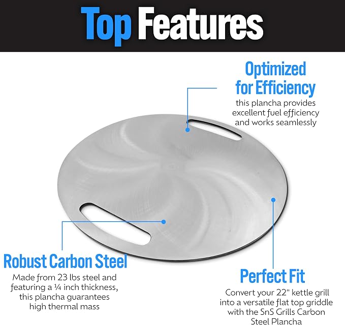 SnS Grills Slow 'N Sear Carbon Steel Flat Top Plancha Griddle - Rotating Durable Griddle for Kettle Grill BBQs - Outdoor Cooking Accessory - Fits 22” Kettles