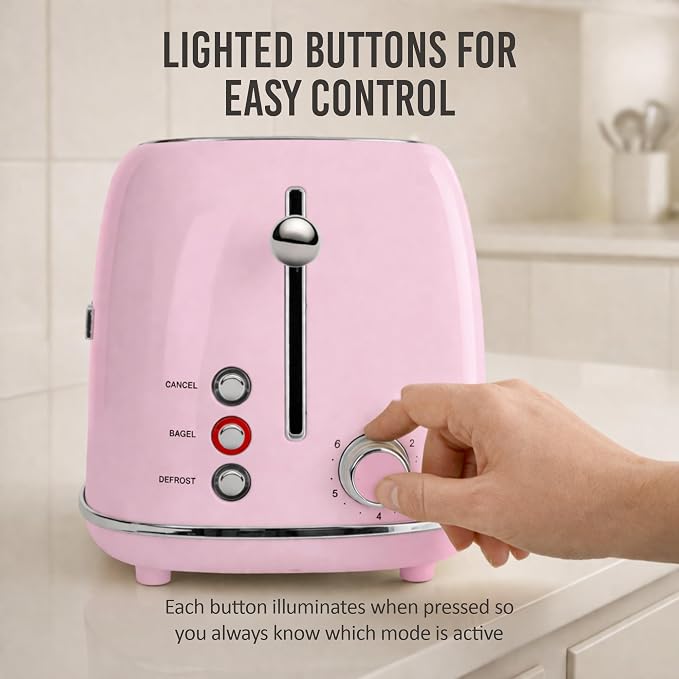 Nostalgia Classic Retro 2-Slice Toaster- Vintage Design- Enamel Coated Steel Body- Wide Slots for all Breads- Crumb Tray, Cord Storage- Defrost,Cancel and Bagel Function & 6 Toasting Levels- Pink