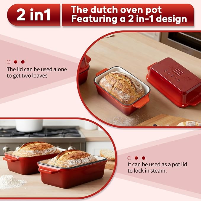 Enameled Cast Iron Dutch Oven for Sourdough Bread Baking, 9×5 Dutch Oven Pot with Lid, 2 in 1 Bread Pans with Lid for Baking, Roasting & Braising, Easy Release, Oven & Induction Safe (4.2 QT,Red)