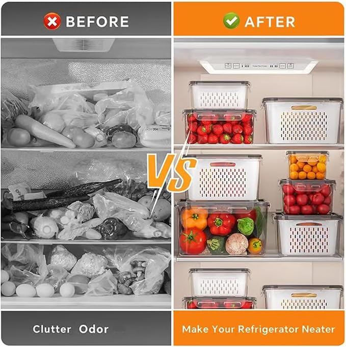 4 in 1 Food Storage Container with Lid, 2026 New Fruit Storage Containers for Fridge, Transparent Produce Storage Box with Drain Basket & Removable Colander for Salad Berry Vegetables (Gray, L)