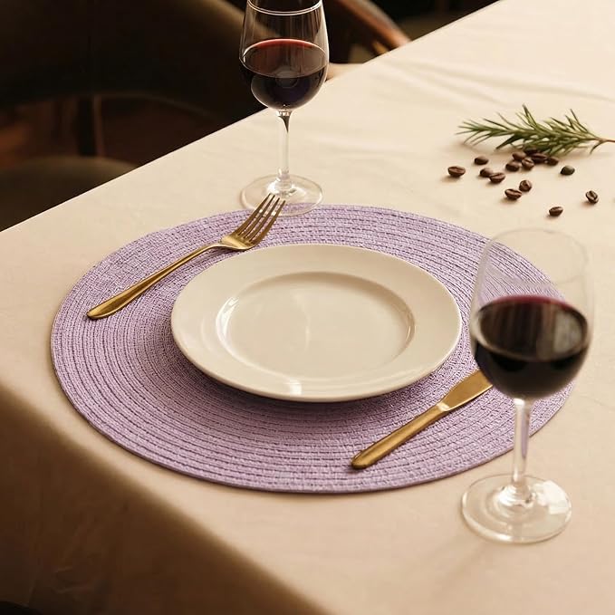 FunWheat Round Braided Placemats Set of 4 Place mats for Dining Tables Woven Heat Resistant Table Mats 15 inch (Light Purple,4pcs)
