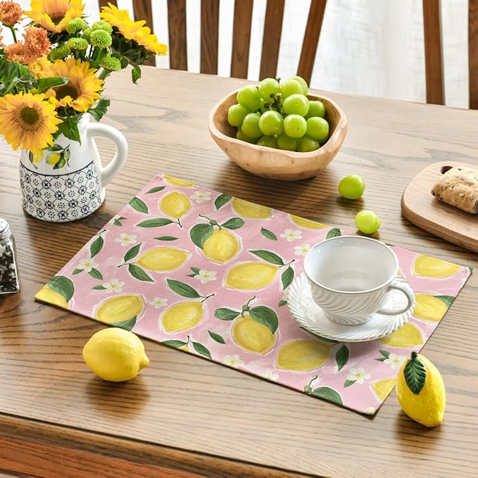 Artoid Mode Pink Lemon Flower Floral Summer Placemats Set of 4,12x18 Inch Seasonal Spring Table Mats for Party Kitchen Dining Decoration