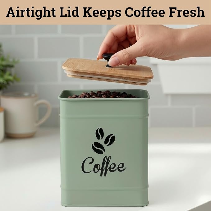 Airtight Coffee Canister 40 oz, 6"x 8" Metal Jar w/ Rubber-Lined Bamboo Lid | 40oz Large Iron, Airtight Coffee Container, Bamboo Lid, Stylish Countertop Container for Coffee Grounds, Beans, Pods & More