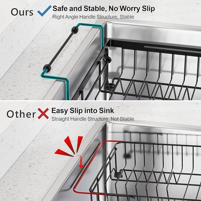Expandable Dish Drying Rack with Silicone Mat for Kitchen Sink or Counter, Heavy Duty Adjustable Over Sink Dish Drainer with Square Corners, Fit for Modern Single & Double Sinks, Black