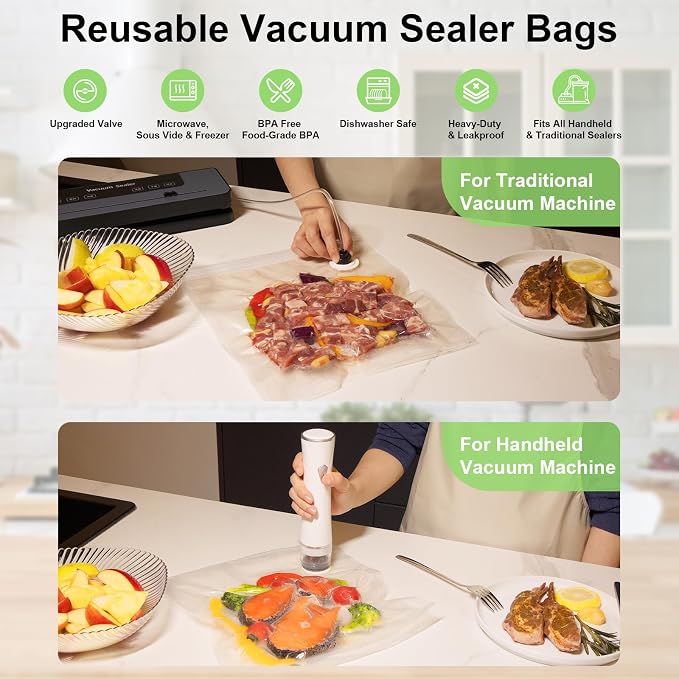 URPOWER Reusable Vacuum Sealer Bags for Food Storage, 50 PCS with 6 Clips | 12x19”(XL, 10PCS) 12x13”(L, 20PCS) 10x11”(M, 20 PCS) Multi-Size Vacuum Seal Bags for Sous Vide, Freezer and Microwave Use