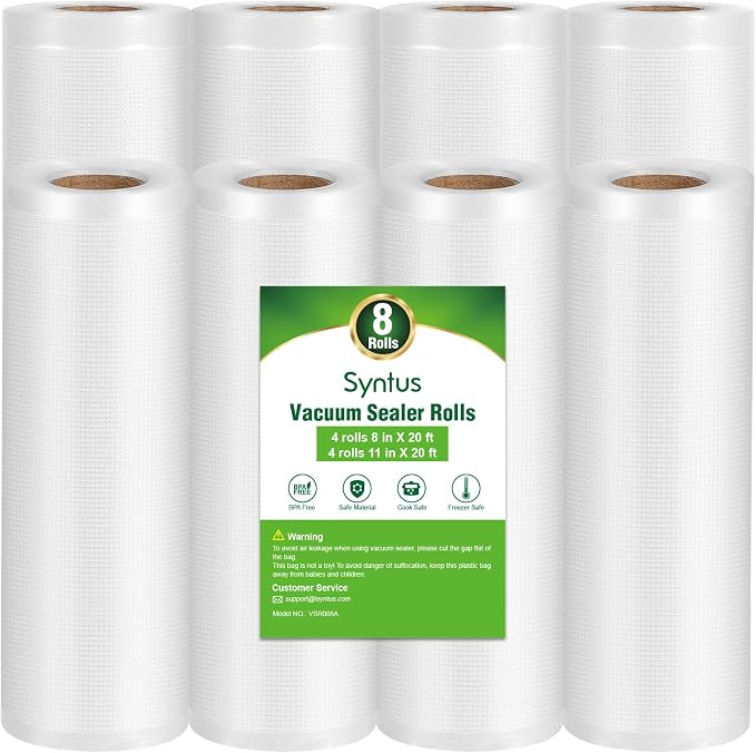 Syntus Vacuum Sealer Bag for Food, 4 Rolls 11" x 20' and 4 Rolls 8" x 20' | 8 Pack, BPA Free, Custom Size, Heave-duty, Durable, Sous Vide Cooking Freezer Microwave Safe, Works with All Vacuum Sealers
