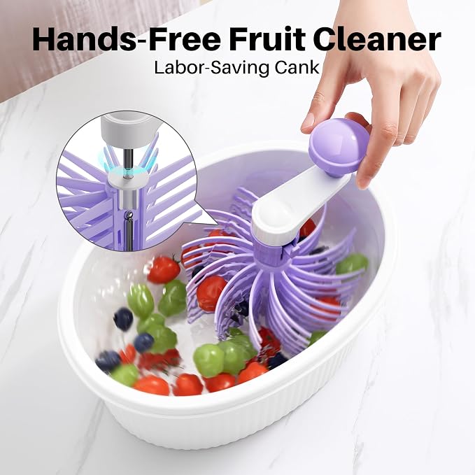JOYMOOP Fruit Washer Spinner, Fruit Cleaner Spinner with Crank Handle, Hands-Free Fruit & Vegetable Washing Bowl, Manual Fruit Scrubber, Light Lavender