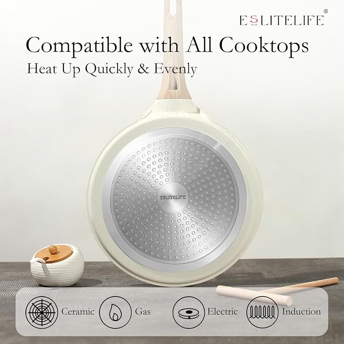 ESLITE LIFE 11 Inch Crepe Pan with Spreader, Nonstick Ceramic Coating Dosa Pan, Roti Tawa Comal Para Tortillas Pancake Griddle Pan, Induction Compatible, PTFE & PFOA Free, White