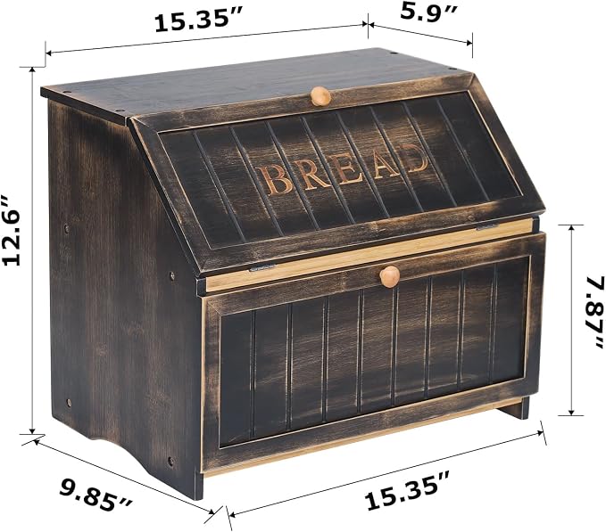 HOMEKOKO Vintage Double Layer Large Bread Box, Wood Bread Storage Bin,Black | Keeps Bread Fresh 3-4 Days, 2-Tier Capacity Fits 2+ Loaves,Suitable For Farmhouse/Rustic Kitchens Use, Retro Design