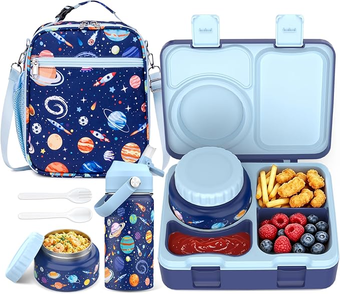 Bento Lunch Box for Kids Adult, Leakproof 3-4 Compartment Bento Box Set with Insulated Food Jar,Water Bottle, Lunch Bag, School Lunch Container for Toddler Teen Girls Boys Ages 3+(Space)
